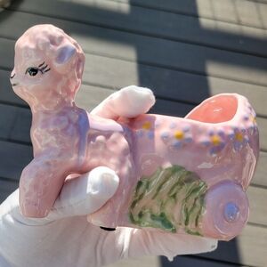 Vintage/Retro Pink Lamb/Sheep Carriage Bassinet Porcelain Nursery Planter Holder